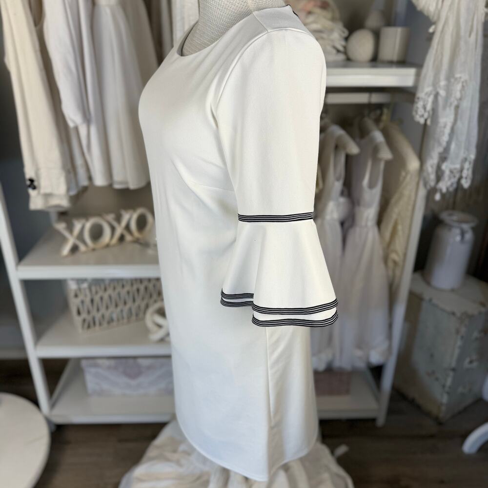 Sharagano Women's Size 12 Cream Gray Trimmed Bell Sleeve Shift Dress  3621 - Picture 7 of 9